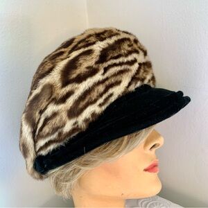 Vintage Ocelot Fur Hat Velvet Peak Newsboy Style